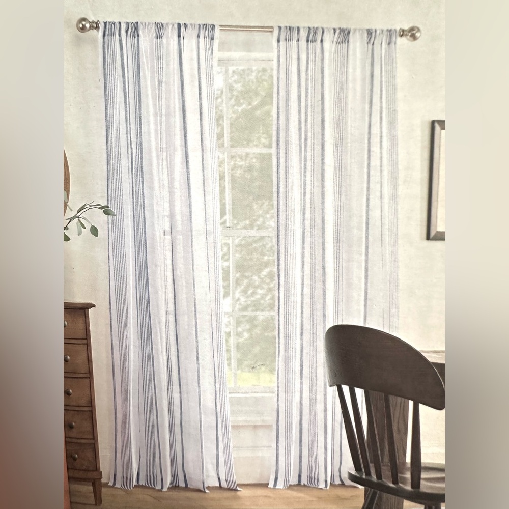 Linden White Blue Stripe Sheer Rod Pocket Curtain 1 Panel